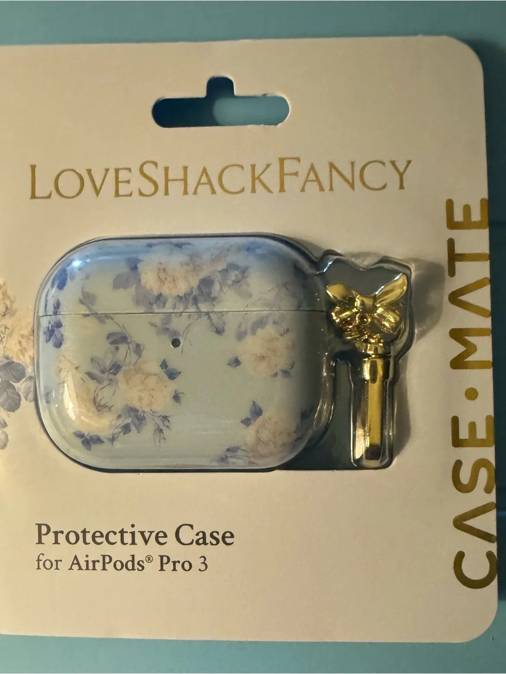 LoveShackFancy Blue and Cream Floral AirPods Pro 3 Case with Gold Charm